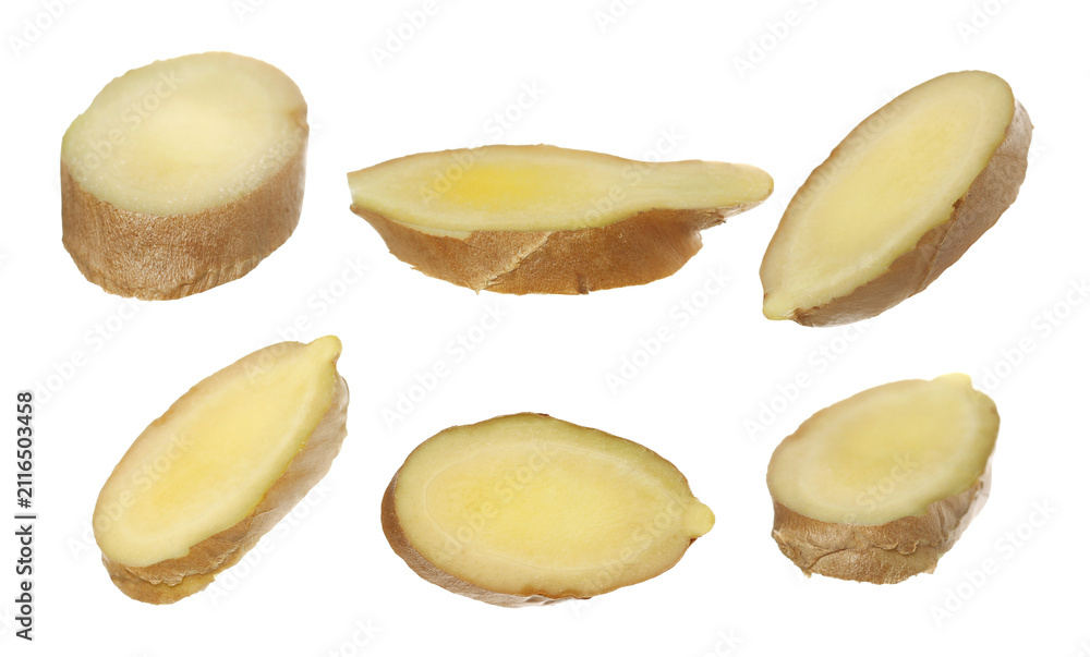 Naklejka premium Set fresh ginger root slice flying, isolated on white background, clipping path