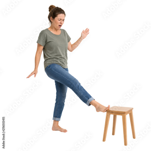 Angry woman getting a foot on a stool to get balance isolated on transparent background png element