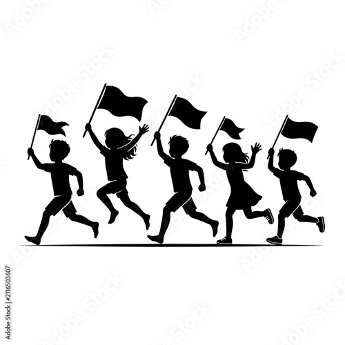 Running children with flags black silhouette kids