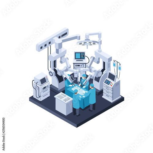 Modern robotic surgery system in operating room setup.