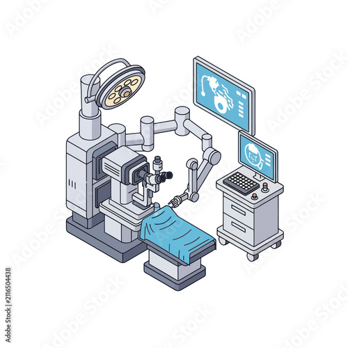 Modern surgical robot in operating room setup.