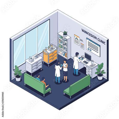 Modern veterinary clinic interior with doctors and patients.