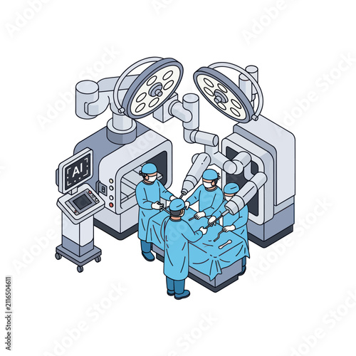 Surgeons performing robotic assisted surgery in modern operating room.
