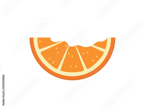 A flat vector illustration of a single orange slice with a bite taken out of it, isolated on a white background