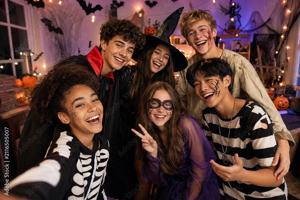 Fototapeta premium Diverse Teenagers Celebrating at a Wholesome Halloween Party