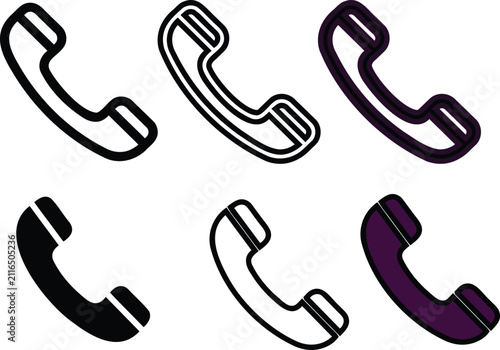 Modern minimalist telephone receiver icon set in various styles and colors for communication themes