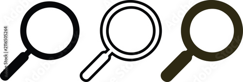 Three stylized magnifying glass icons in different shades and line weights displayed side by side  minimalist design with clean outlines and a transparent background ideal for graphic projects