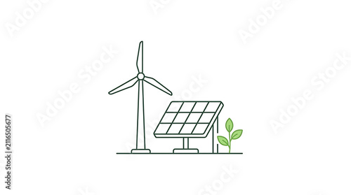 Wind turbine with solar panel and plant in outdoor setting