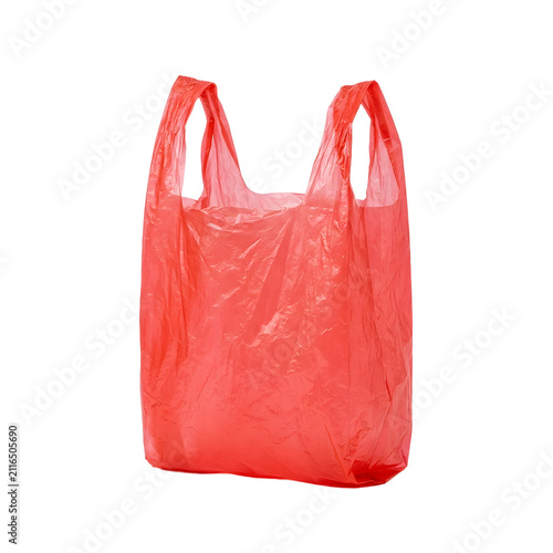 Red plastic shopping bag isolated on transparent background