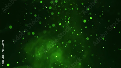 緑色に発光する粒子と煙のアブストラクト空間（宇宙, 背景, CG, サイバー）