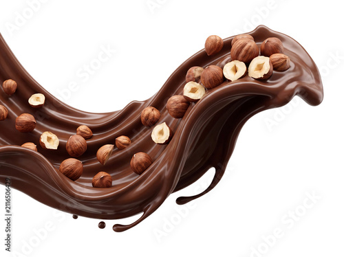 Liquid Dark Chocolate Splash Flow with Whole and Halved Hazelnuts Isolated on Transparent Background