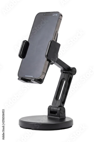 Adjustable Black Desk Cell Phone Holder Stand with Smartphone Mounted Isolated Transparent Background