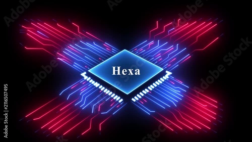 Hexa text animation in neon glow, circuit board, motion, abstract technology background.