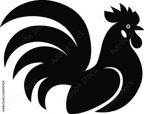 Canvas Print Stylized black rooster silhouette with a prominent tail and comb on a clean white background, representing a farm animal or symbol