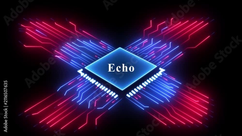 Abstract digital chip illustration featuring glowing neon circuits with echo lettering.