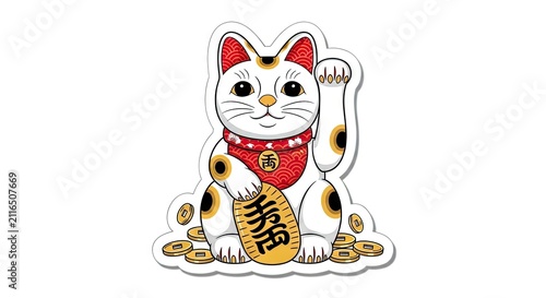 Maneki Neko Lucky Cat Waving In Festive New Year Fortune With Gold Coins.