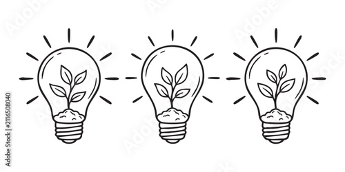 Foto Three line art light bulb icons featuring green sapling sprout growing from soil inside the glass