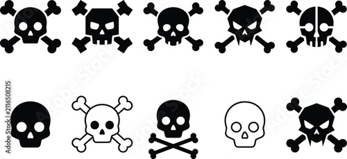 Skull and crossbones icon set vector illustration featuring pirate toxicity poison warning symbols for halloween graphic design