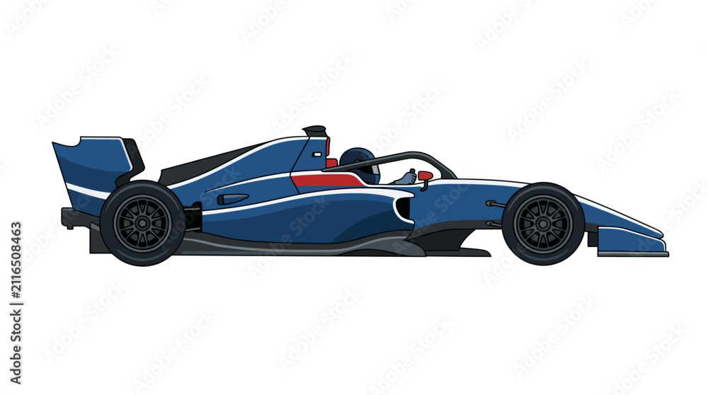 Obraz premium Side profile illustration of a modern blue and white Formula 1 race car in a clean flat design style isolated on a white background, featuring aerodynamic wings and driver cockpit.