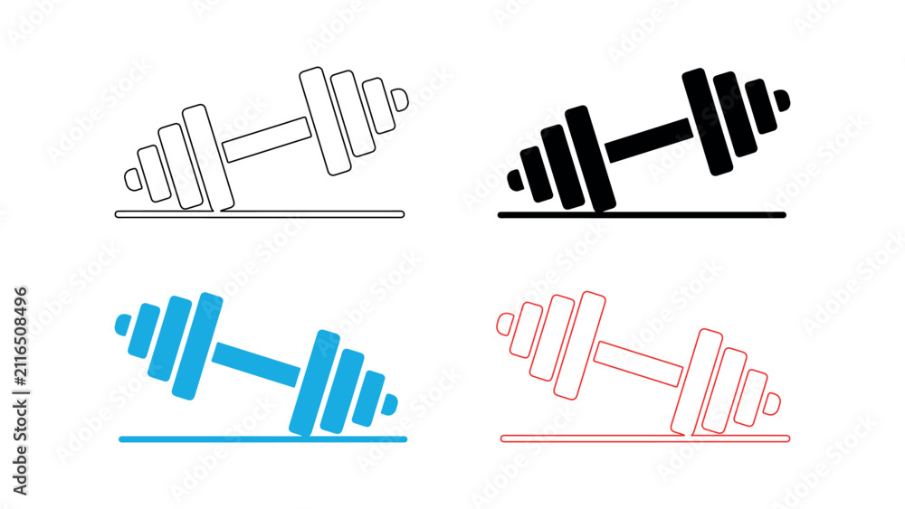 Obraz premium Four barbell fitness icons in linear and solid styles for gym and bodybuilding branding.
