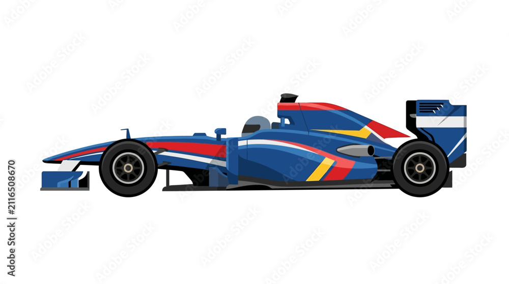 Fototapeta premium Flat design vector illustration of a modern open-wheel Formula 1 racing car side profile featuring blue, red, and yellow livery with a driver in the cockpit isolated on white background.