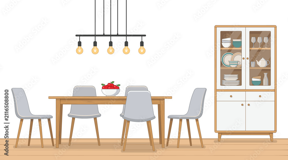Fototapeta premium Modern Dining Room Interior Vector Illustration Featuring Wooden Table Grey Chairs Hanging Pendant Chandelier Light and Glass China Cabinet for Home Furniture Catalog and Kitchen Decor Designs