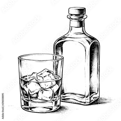 Detailed hand-drawn illustration of A glass filled with whisky and ice