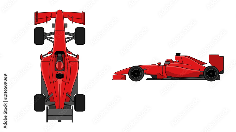 Fototapeta premium Red formula one racing car minimalist vector illustrations showing top down and side profile views isolated on a white background for automotive design and sports concepts.
