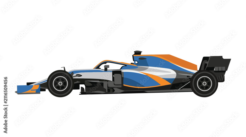 Fototapeta premium Flat design vector illustration of a modern Formula 1 racing car in profile view featuring a blue, orange, and silver livery with aerodynamic wings isolated on a white background.