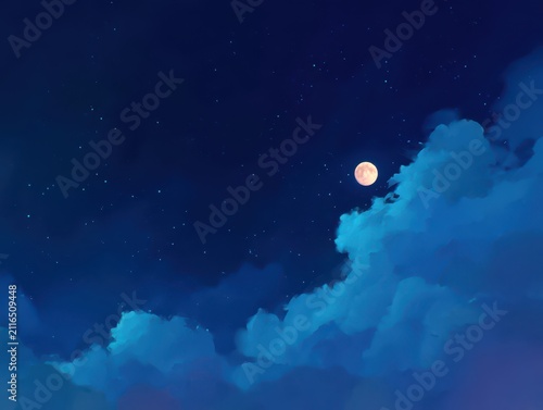 Dreamy night sky with full moon shining behind fluffy clouds digital painting illustration atmospheric scene