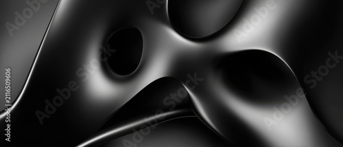 Abstract Black Metallic Structure with Hole and Smooth Curves Studio Shot for Modern Design Projects