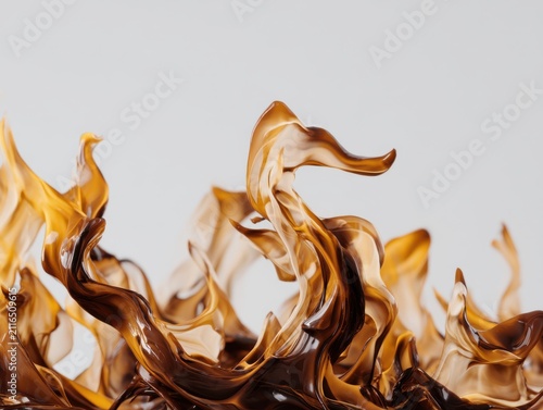 Abstract caramel liquid flowing upward on white background studio shot motion concept design element