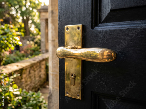 Person opening classic dark wooden front door entering modern cozy residential house