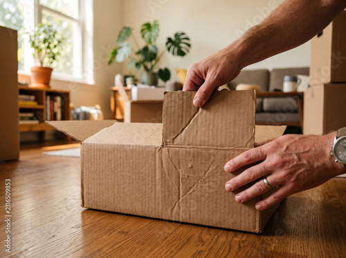 Person packing cardboard box for house relocation and delivery packaging close up
