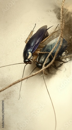 Two Cockroaches Crawling on a Wall with a Rope Detail, Close-Up View, Indoor Studio Shot, Pest Control Concept