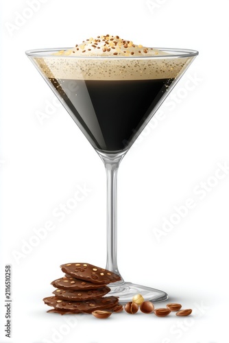Espresso Martini with Chocolate Cookies and Macadamia Nuts on White Background Studio Shot
