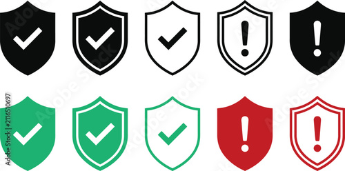 Flat of checkmark and exclamation mark in black green and red green check green checkmark