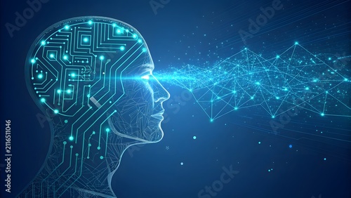 Obraz na płótnie Artificial intelligence head profile. Digital human brain with glowing circuit board nodes.
