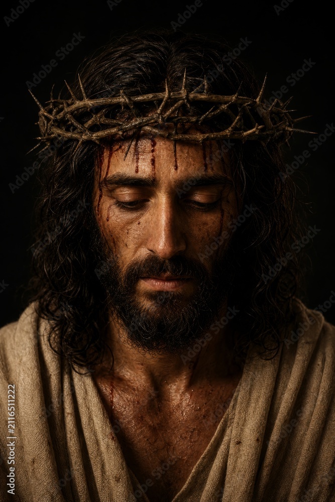 Fototapeta premium Jesus Christ wearing a crown of thorns with bleeding forehead. Passion of Christ religious portrait. Cinematic depiction of biblical scene for Christian holiday and Easter celebration.