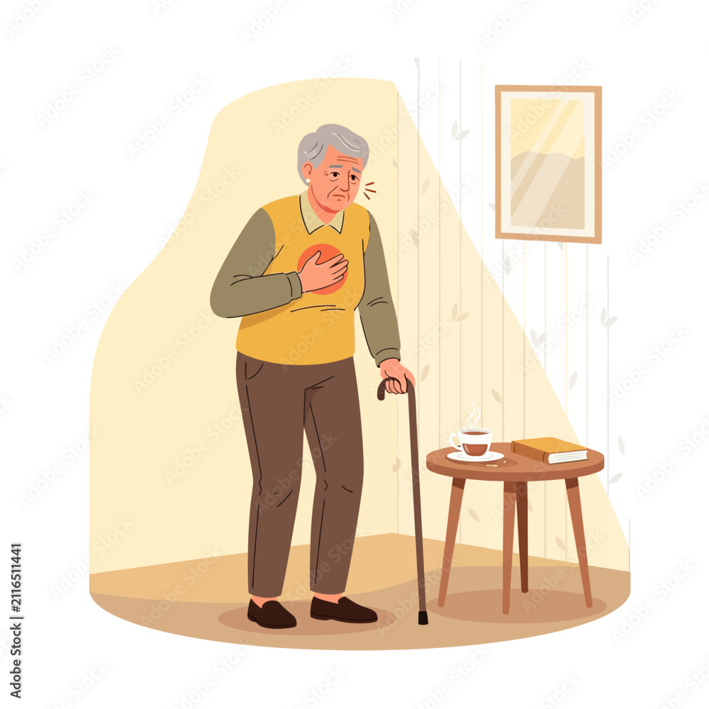 Fototapeta premium Elderly Person Experiencing Chest Pain And Discomfort At Home