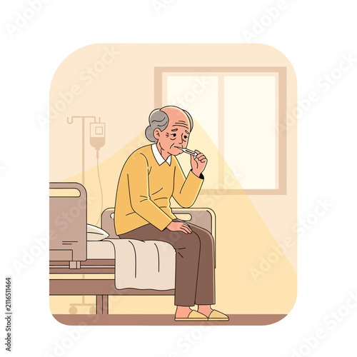 Elderly Man Sitting On Hospital Bed Looking Sad Patient Awaiting Medical Care