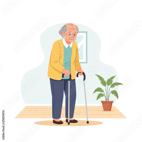 Elderly Man With Cane Walking Slow And Sad Interior Scene People