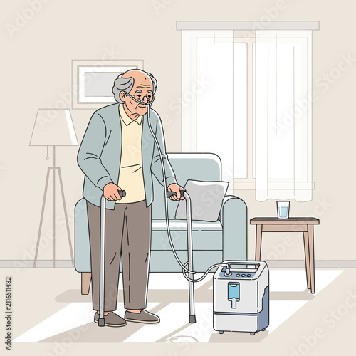 Elderly Man With Oxygen Concentrator Stands With A Cane In A Comfortable Living Room