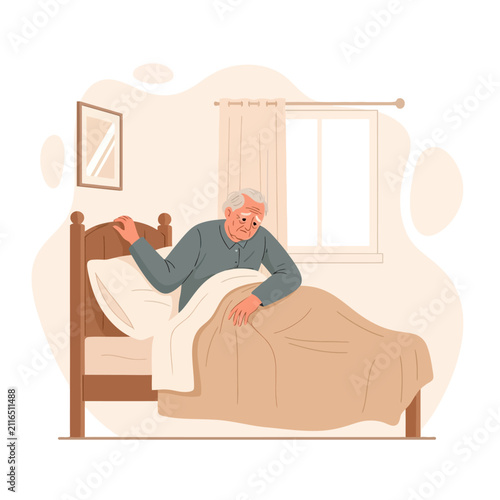 Elderly Man Waking Up In Cozy Bedroom Morning Routine Scene