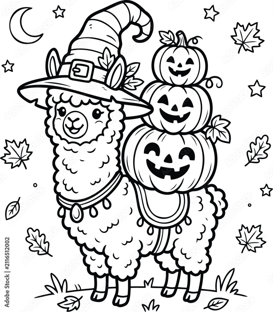 Naklejka premium Cute cartoon alpaca in witch hat surrounded by autumn pumpkins and stars black witch hat white alpaca