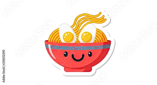 Red ramen bowl sticker with eggs and smiley face.