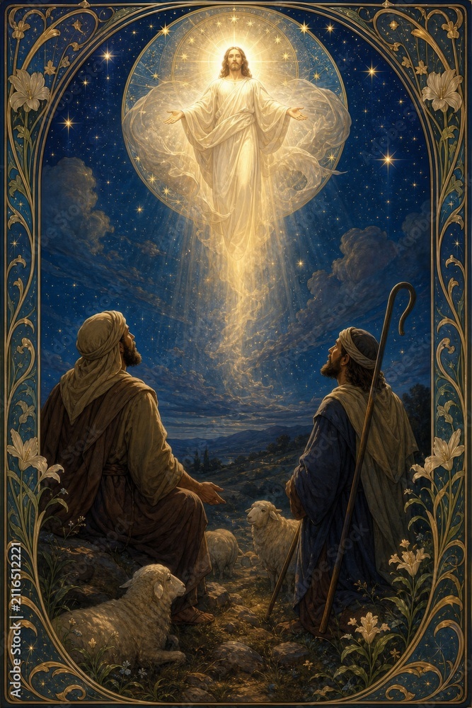 Obraz premium Jesus Christ appearing to shepherd in starry night. Divine miracle of transfiguration. Religious sacred scene of christianity for Easter or Christmas worship and biblical tradition art.