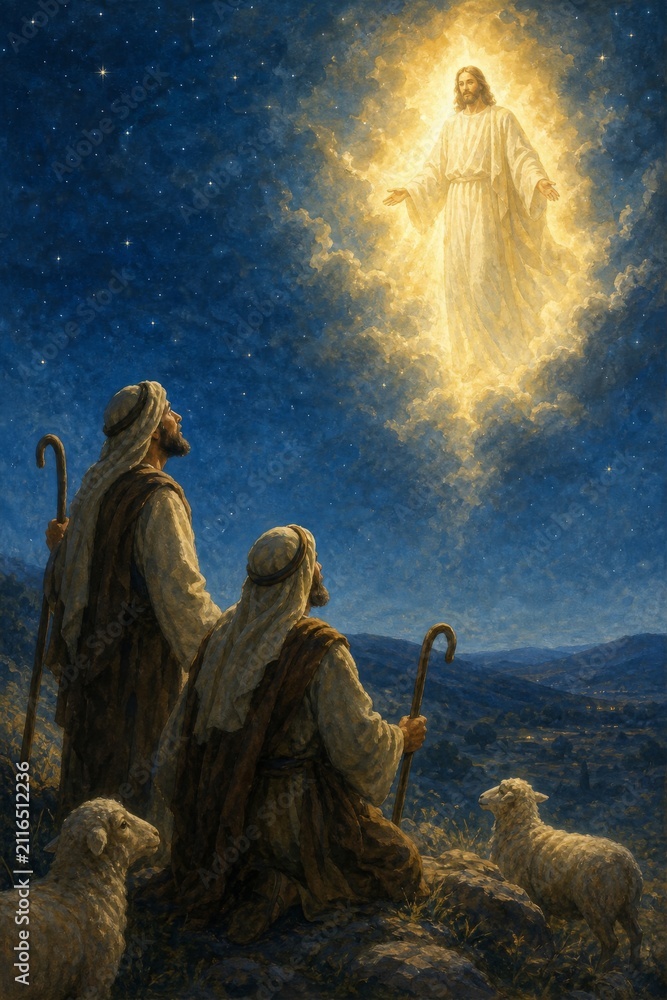 Obraz premium Jesus Christ appearing to humble shepherds with sheep in the night sky. Biblical scene representing the annunciation and divine light. Religious art illustration of Christian faith.