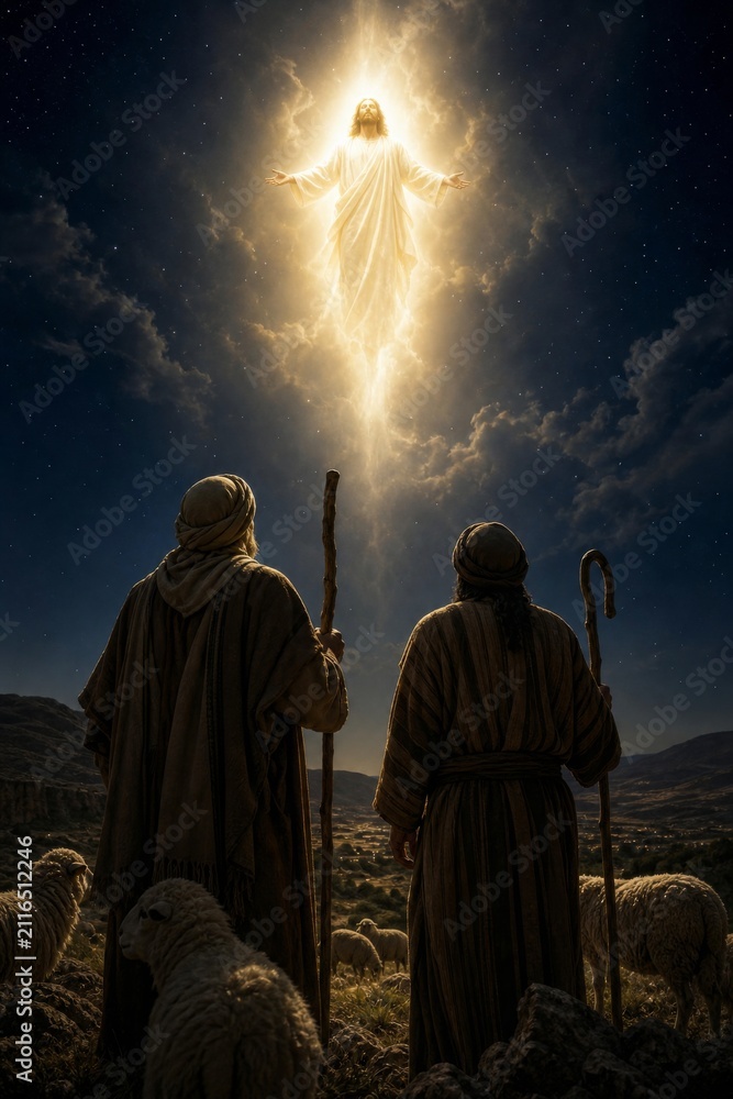 Obraz premium Jesus Christ appearing in sky to shepherds with sheep. Biblical scene of nativity and annunciation. Religious representation of divine light, faith, holy miracle, and spiritual guidance.