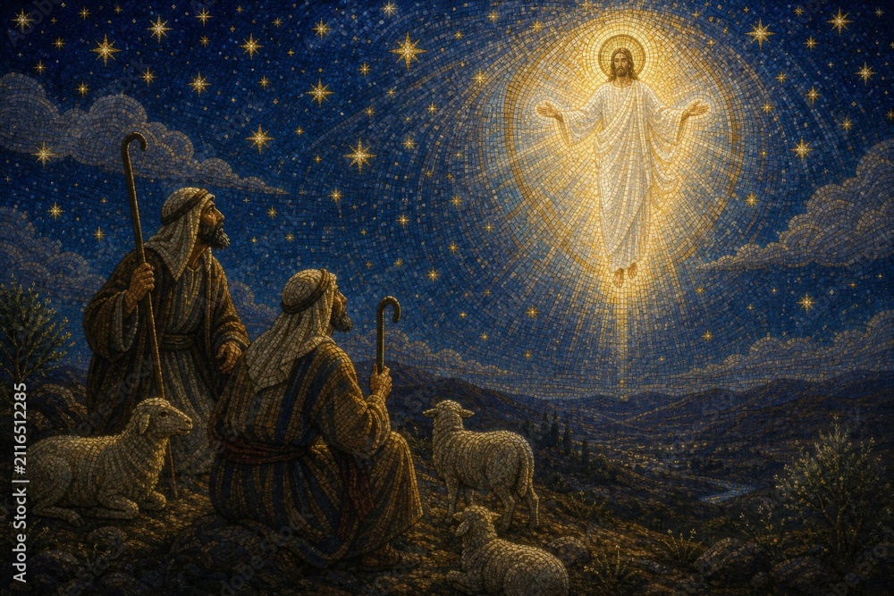 Obraz premium Jesus Christ appearing to humble shepherds in a starry night sky. Religious mosaic art depicting the nativity scene. Divine light and spiritual miracle, faith, hope and christian celebration.